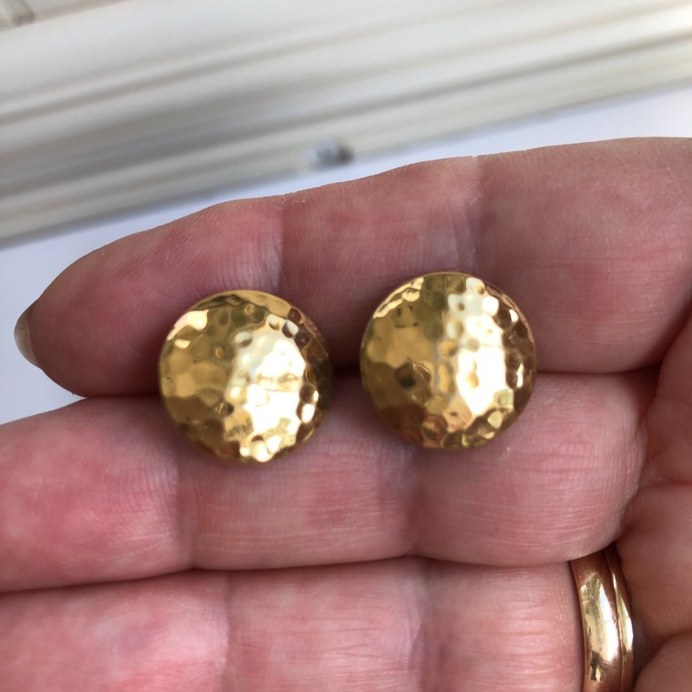 Bloomingdale's Vintage (80's) Gold Tone Hammered Button Post Earrings Glamcore